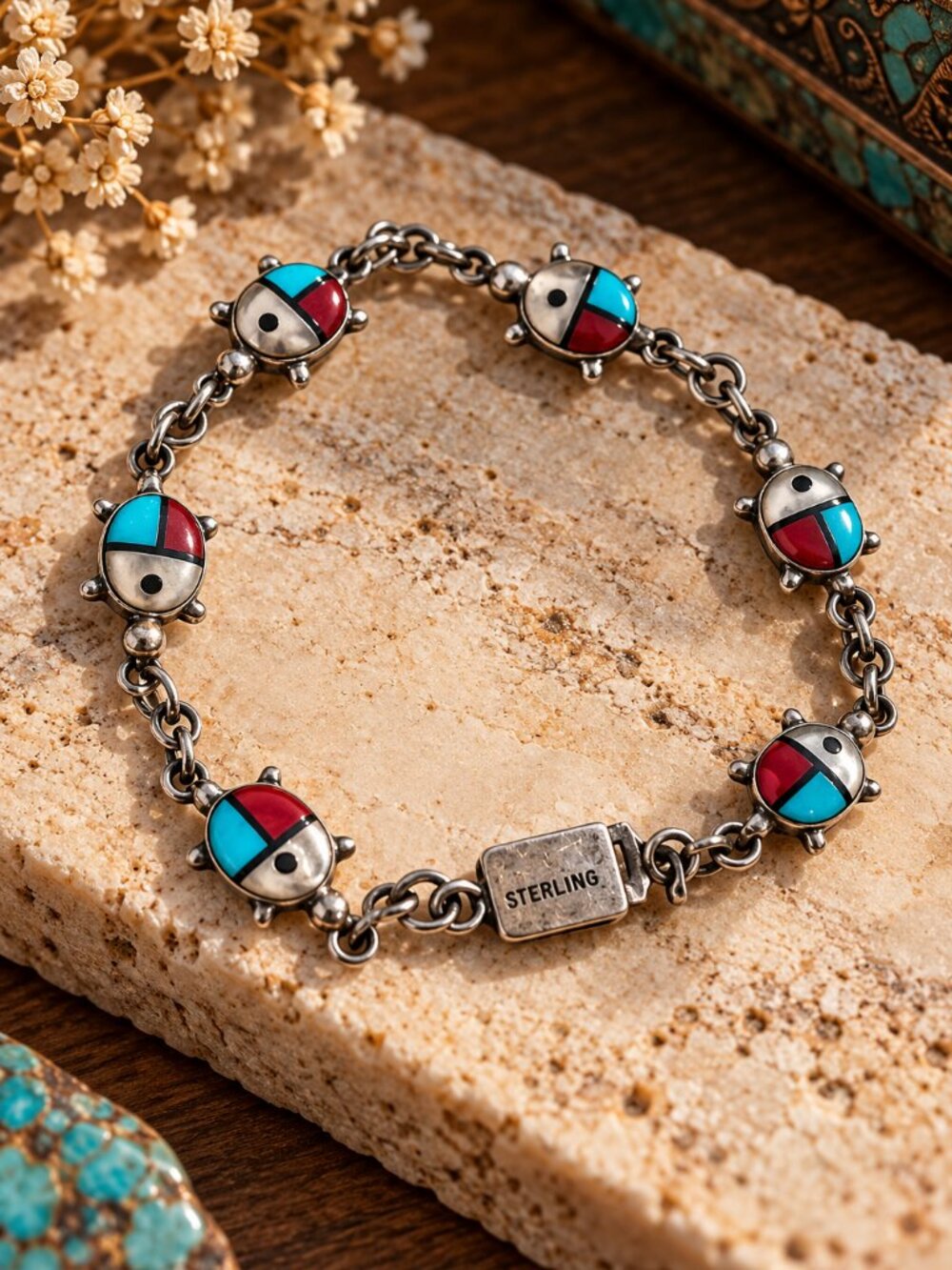 Vintage Sterling Silver Ladybug Bracelet – Turquoise Red & Mother of Pearl Inla